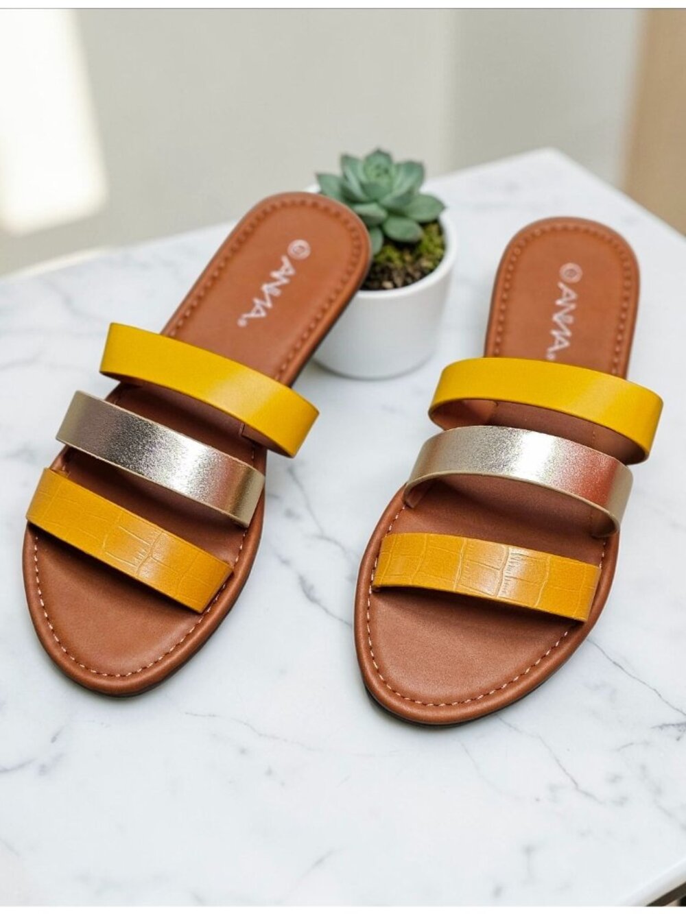 Multi-Strap Flat Sandals In Yellow & Gold Chic & Comfortable Footwear